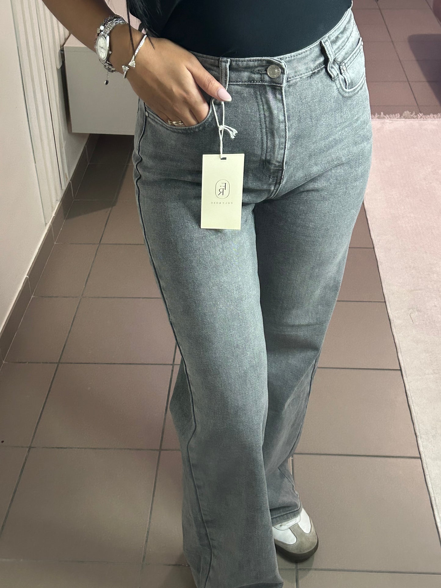 Jean Gris Clair Femme Coupe Droite Taille Haute – Semi-Flare