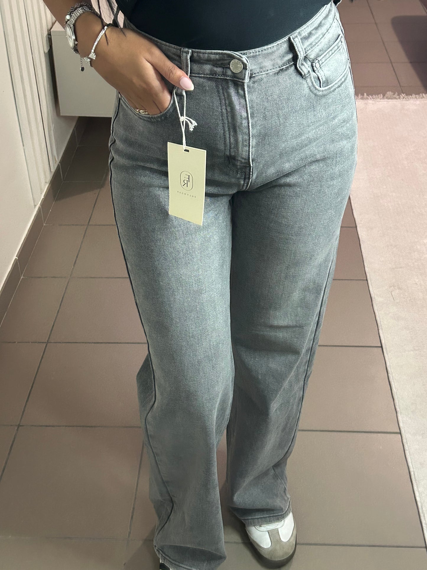 Jean Gris Clair Femme Coupe Droite Taille Haute – Semi-Flare