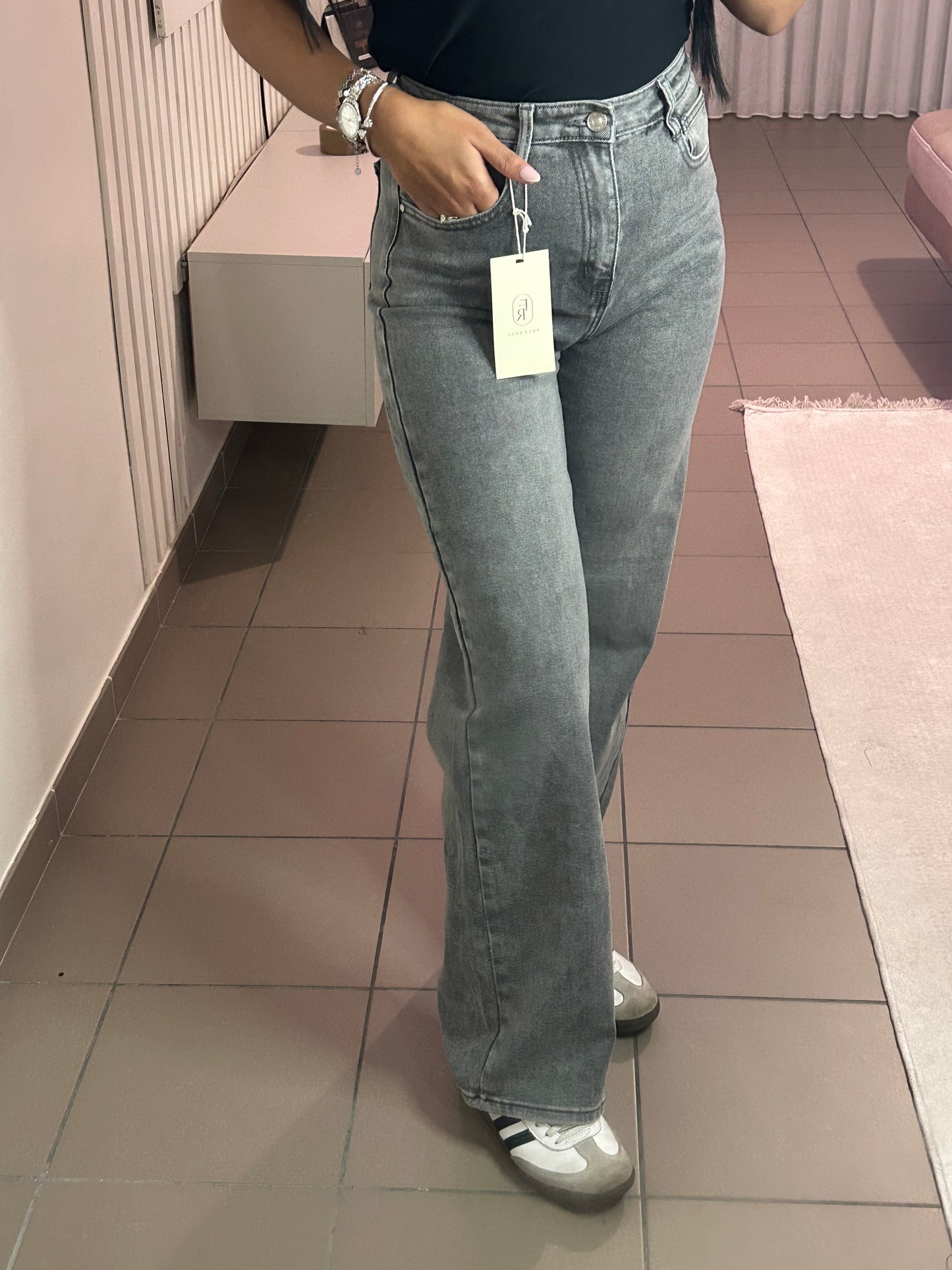 Jean Gris Clair Femme Coupe Droite Taille Haute – Semi-Flare