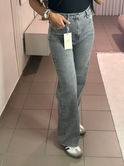 Jean Gris Clair Femme Coupe Droite Taille Haute – Semi-Flare